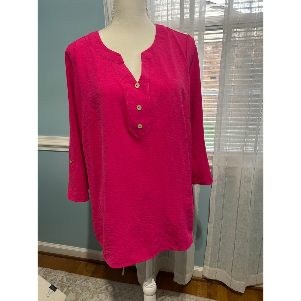 Wilde Womens Hot Pink Roll Tab Sleeve Henley Tunic Top 1X MWT1199X-AF